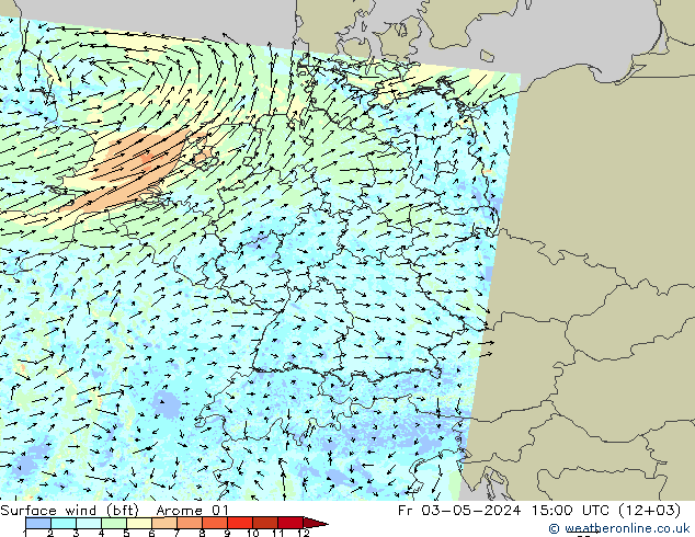 Surface wind (bft) Arome 01 Pá 03.05.2024 15 UTC