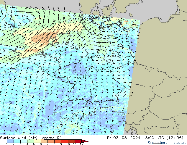 Bodenwind (bft) Arome 01 Fr 03.05.2024 18 UTC