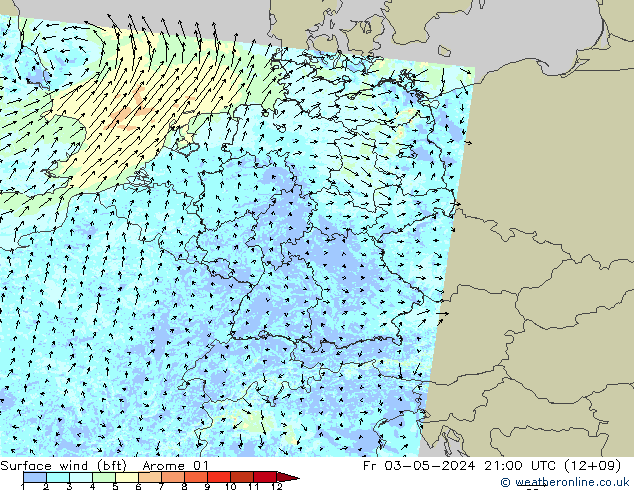 Wind 10 m (bft) Arome 01 vr 03.05.2024 21 UTC