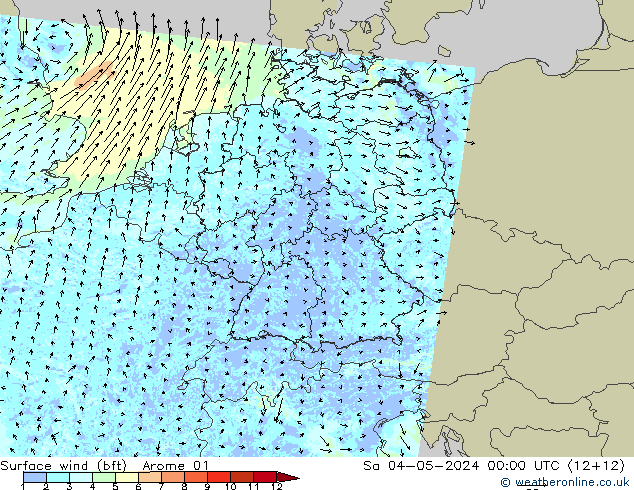 wiatr 10 m (bft) Arome 01 so. 04.05.2024 00 UTC