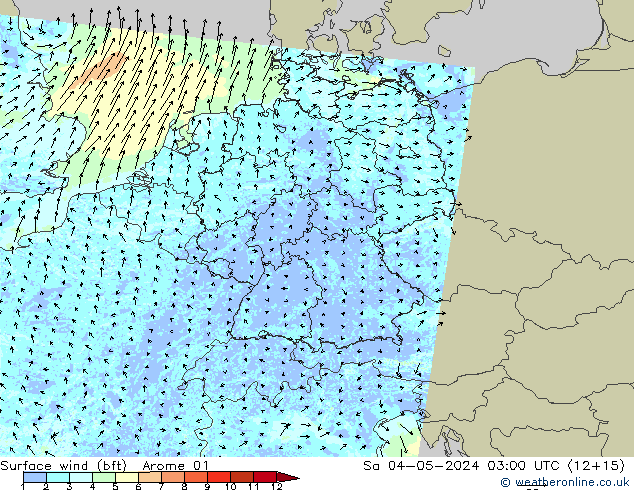Wind 10 m (bft) Arome 01 za 04.05.2024 03 UTC