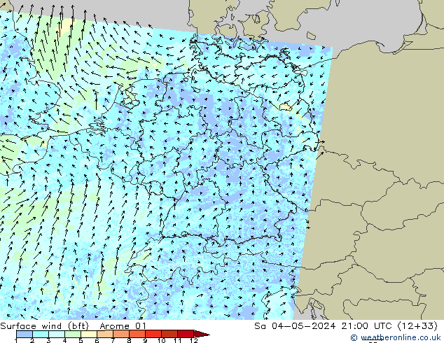 Wind 10 m (bft) Arome 01 za 04.05.2024 21 UTC