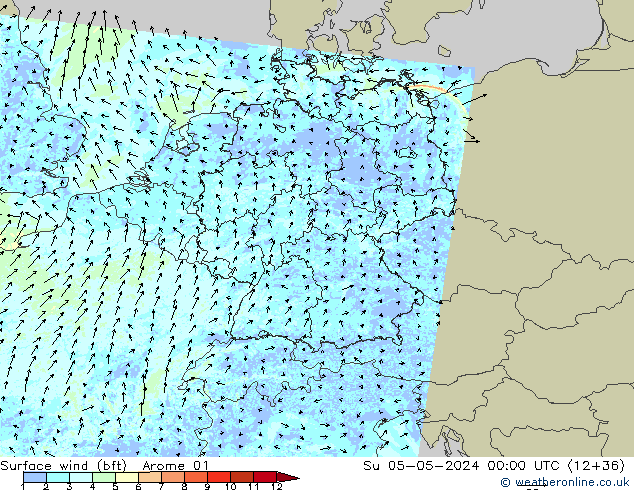 Rüzgar 10 m (bft) Arome 01 Paz 05.05.2024 00 UTC