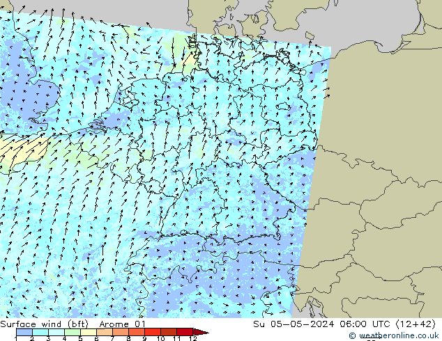 Surface wind (bft) Arome 01 Su 05.05.2024 06 UTC