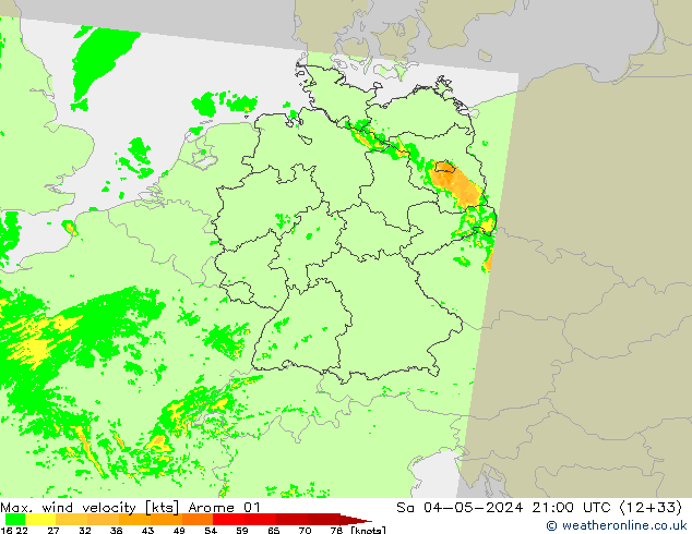 Max. wind velocity Arome 01 Sa 04.05.2024 21 UTC