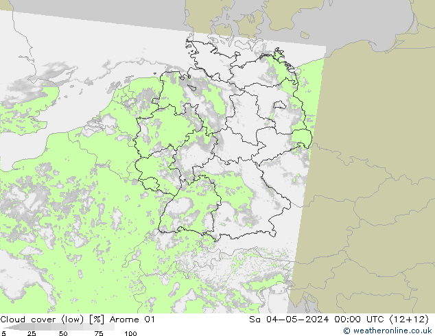 Bewolking (Laag) Arome 01 za 04.05.2024 00 UTC