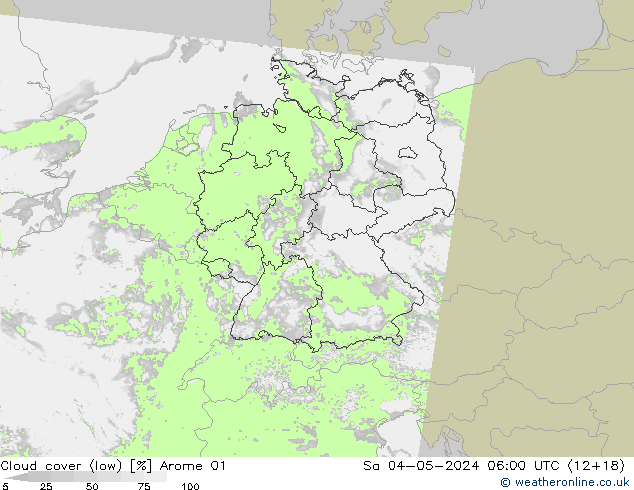 Cloud cover (low) Arome 01 Sa 04.05.2024 06 UTC