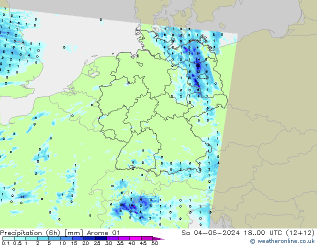 Precipitación (6h) Arome 01 sáb 04.05.2024 00 UTC