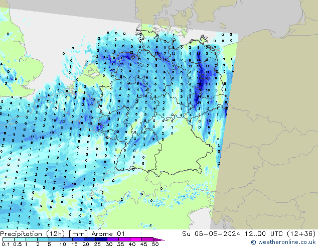 Precipitazione (12h) Arome 01 dom 05.05.2024 00 UTC