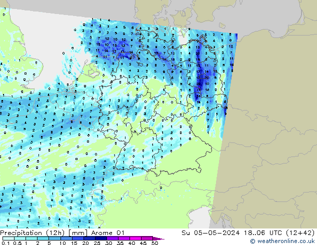Precipitation (12h) Arome 01 Su 05.05.2024 06 UTC