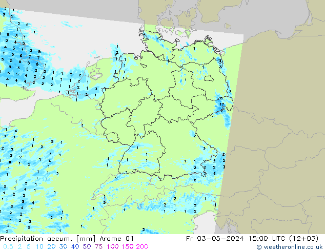 Precipitation accum. Arome 01 星期五 03.05.2024 15 UTC