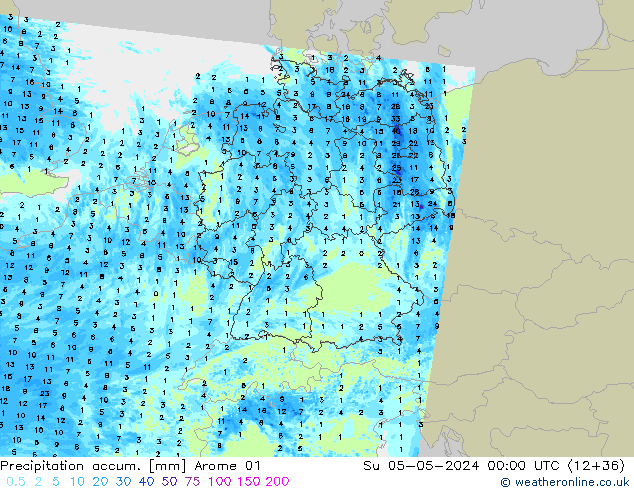 Precipitation accum. Arome 01 Dom 05.05.2024 00 UTC