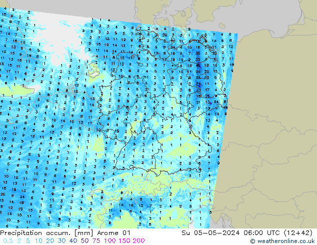 Precipitation accum. Arome 01 Su 05.05.2024 06 UTC
