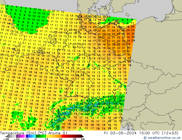 Temperaturkarte (2m) Arome 01 Fr 03.05.2024 15 UTC