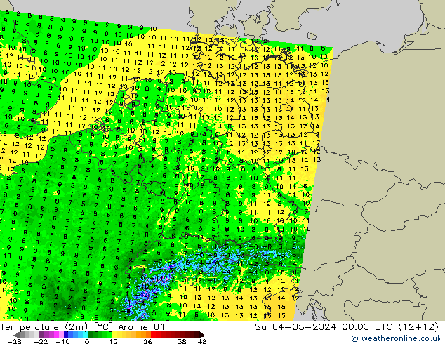 Temperatura (2m) Arome 01 Sáb 04.05.2024 00 UTC