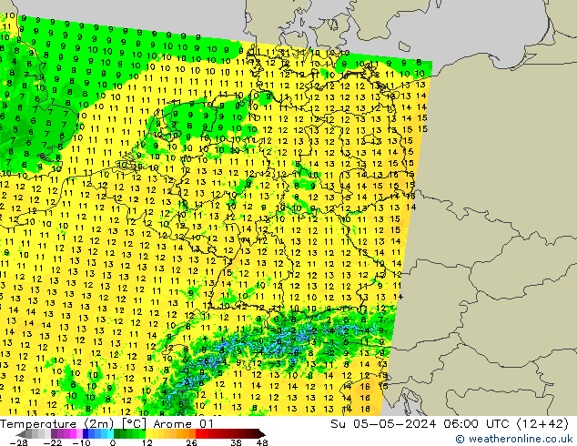 Temperature (2m) Arome 01 Su 05.05.2024 06 UTC