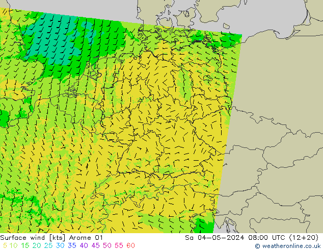 Vento 10 m Arome 01 sab 04.05.2024 08 UTC