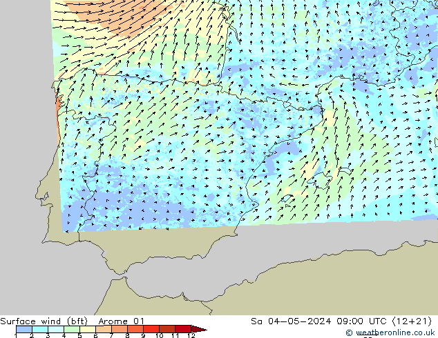 Surface wind (bft) Arome 01 Sa 04.05.2024 09 UTC