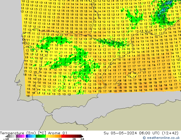Temperature (2m) Arome 01 Su 05.05.2024 06 UTC