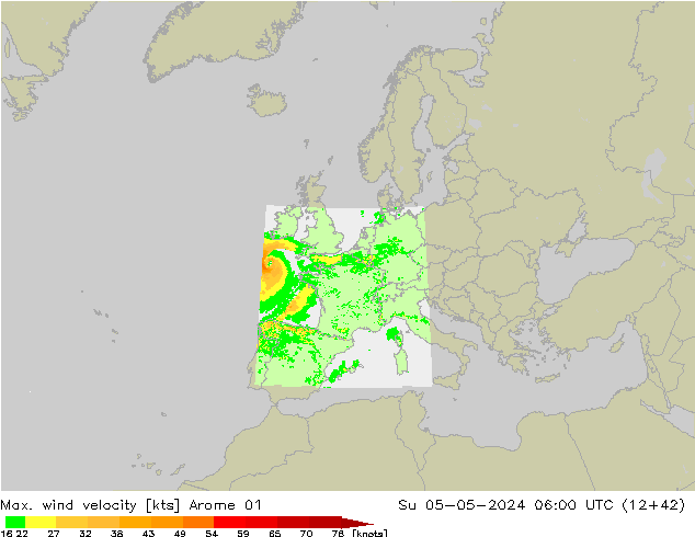 Max. wind velocity Arome 01 Su 05.05.2024 06 UTC