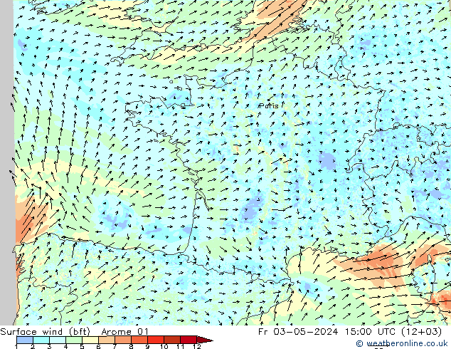 Surface wind (bft) Arome 01 Fr 03.05.2024 15 UTC