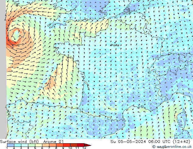 Viento 10 m (bft) Arome 01 dom 05.05.2024 06 UTC