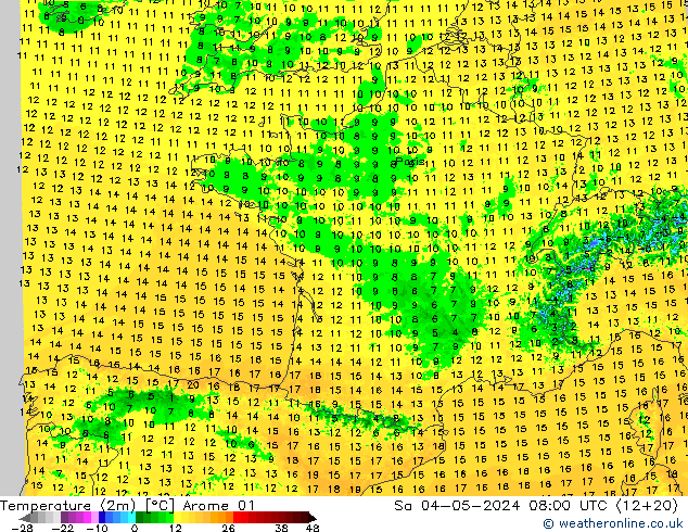 Temperatuurkaart (2m) Arome 01 za 04.05.2024 08 UTC