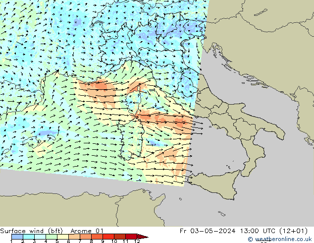 Vento 10 m (bft) Arome 01 ven 03.05.2024 13 UTC