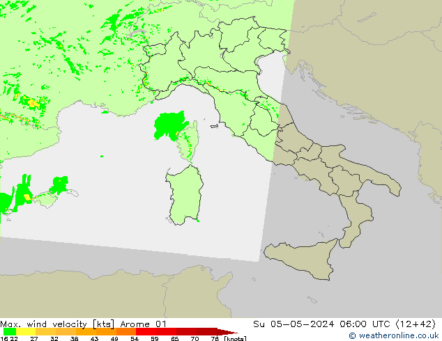 Max. wind velocity Arome 01 Su 05.05.2024 06 UTC