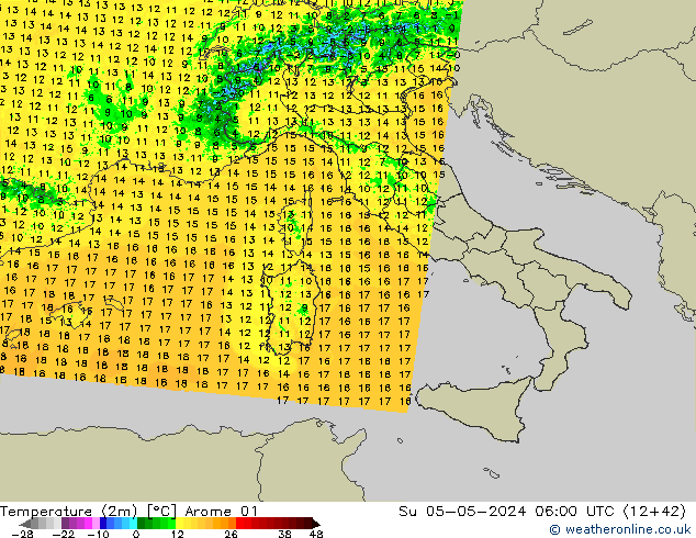 Sıcaklık Haritası (2m) Arome 01 Paz 05.05.2024 06 UTC