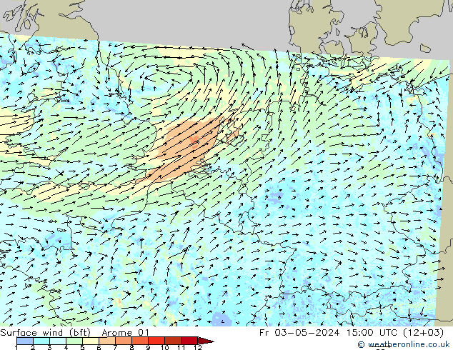 Rüzgar 10 m (bft) Arome 01 Cu 03.05.2024 15 UTC