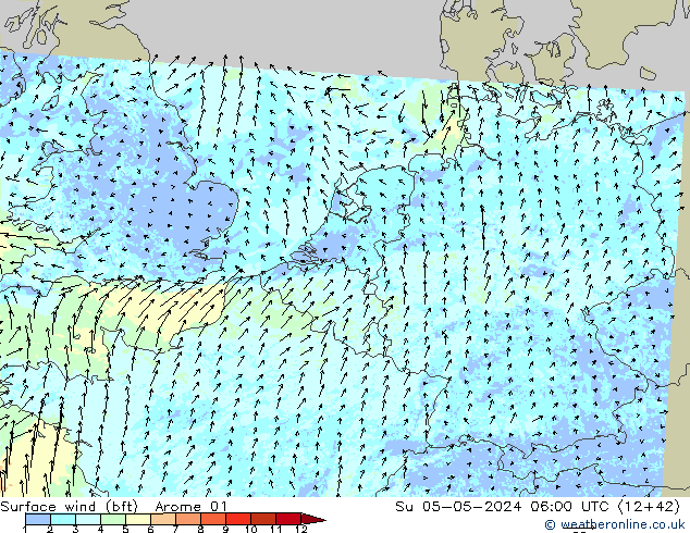 Surface wind (bft) Arome 01 Ne 05.05.2024 06 UTC