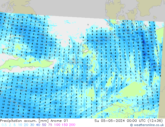 Precipitation accum. Arome 01 Su 05.05.2024 00 UTC