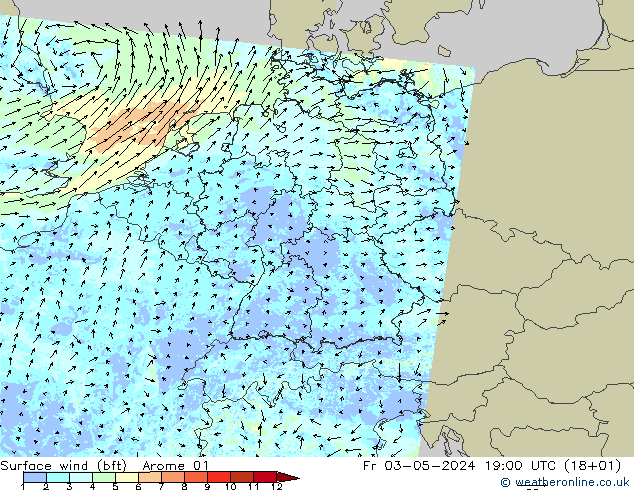 Wind 10 m (bft) Arome 01 vr 03.05.2024 19 UTC