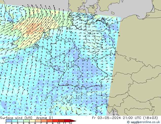 wiatr 10 m (bft) Arome 01 pt. 03.05.2024 21 UTC