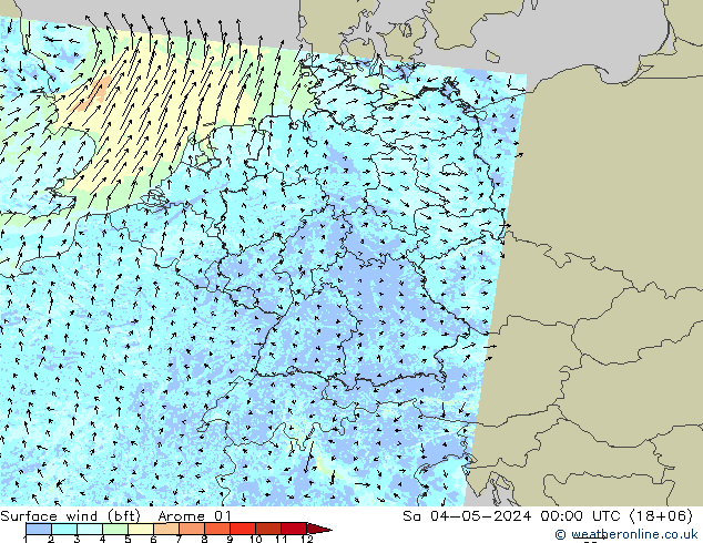 wiatr 10 m (bft) Arome 01 so. 04.05.2024 00 UTC