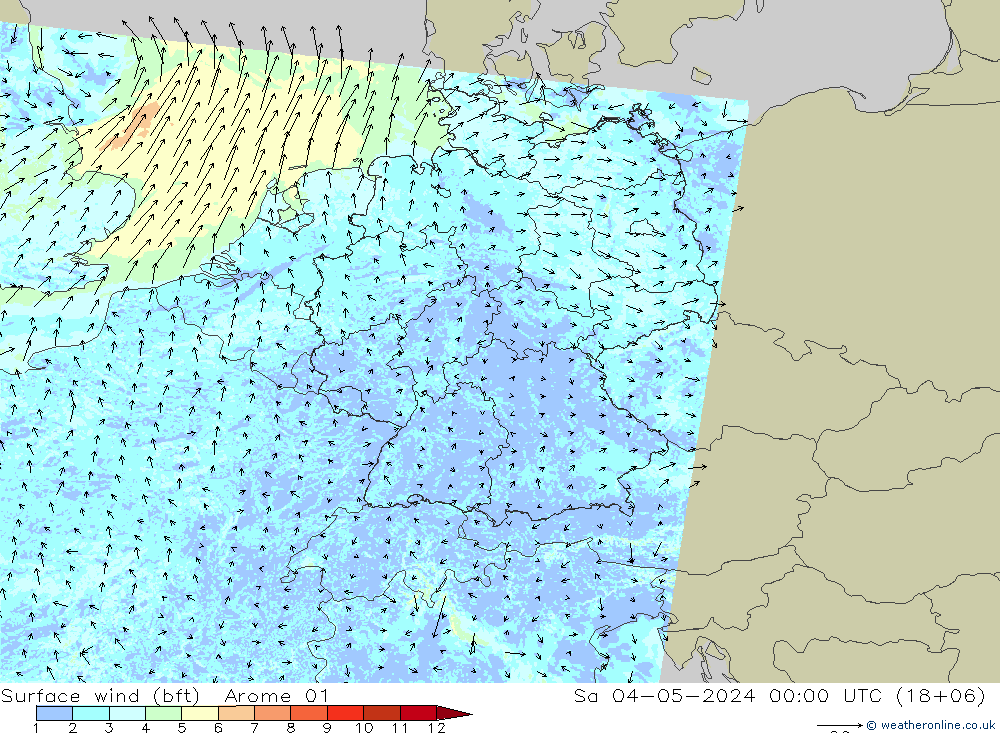 Surface wind (bft) Arome 01 So 04.05.2024 00 UTC