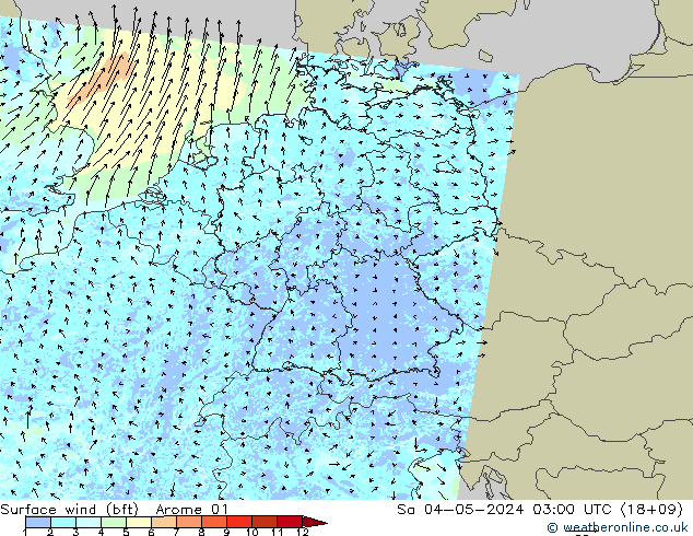 Surface wind (bft) Arome 01 Sa 04.05.2024 03 UTC