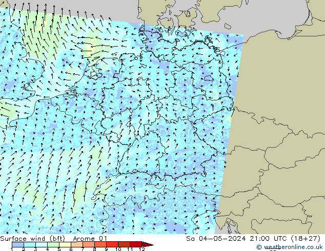Surface wind (bft) Arome 01 Sa 04.05.2024 21 UTC