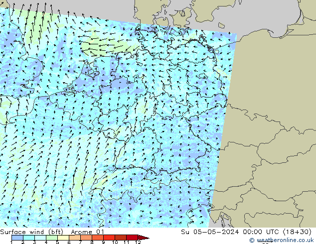 Surface wind (bft) Arome 01 Ne 05.05.2024 00 UTC