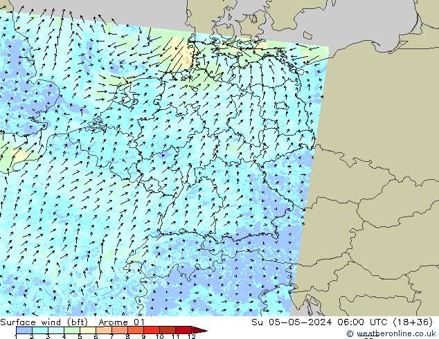 Surface wind (bft) Arome 01 Ne 05.05.2024 06 UTC