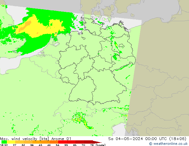 Max. wind velocity Arome 01 星期六 04.05.2024 00 UTC