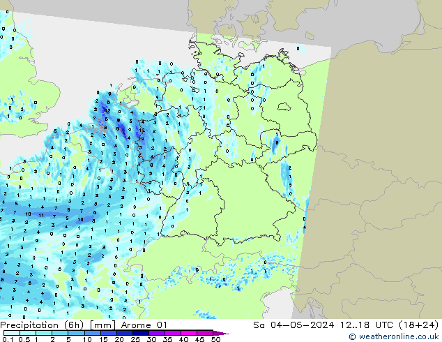 Totale neerslag (6h) Arome 01 za 04.05.2024 18 UTC