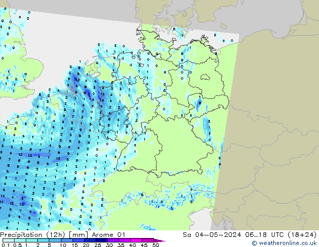 осадки (12h) Arome 01 сб 04.05.2024 18 UTC