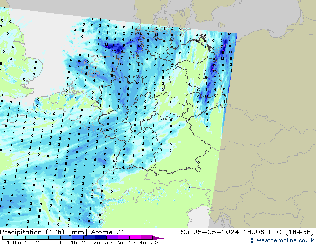Precipitazione (12h) Arome 01 dom 05.05.2024 06 UTC