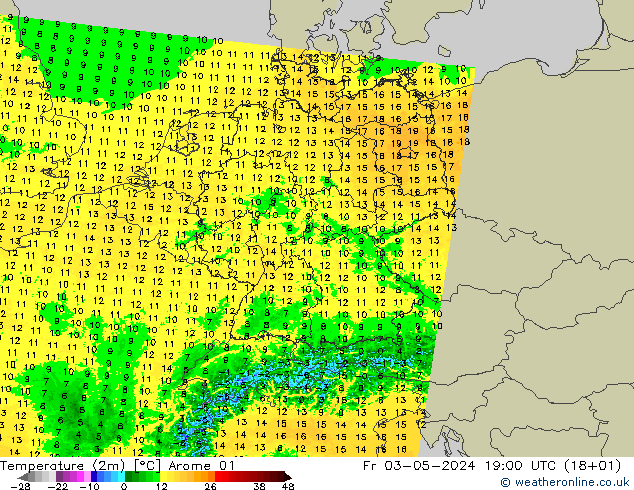 température (2m) Arome 01 ven 03.05.2024 19 UTC