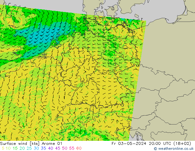 风 10 米 Arome 01 星期五 03.05.2024 20 UTC