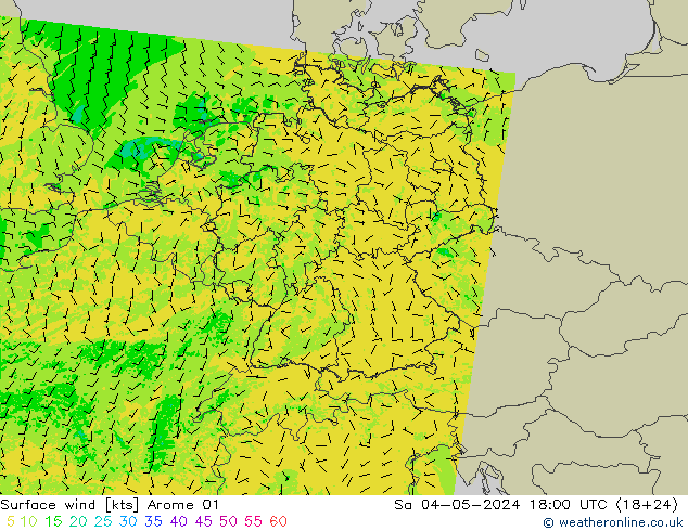 Wind 10 m Arome 01 za 04.05.2024 18 UTC