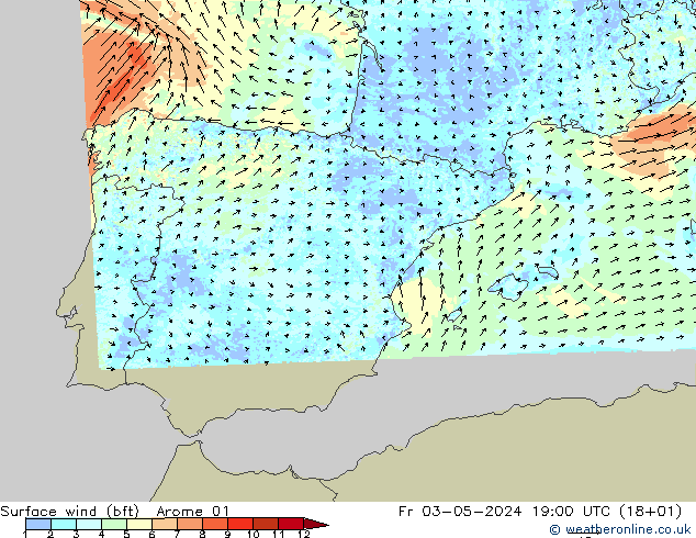 Viento 10 m (bft) Arome 01 vie 03.05.2024 19 UTC