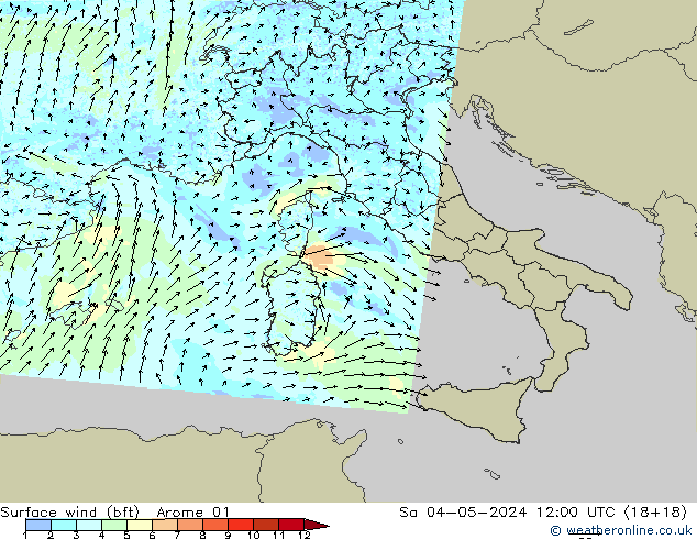 Vento 10 m (bft) Arome 01 sab 04.05.2024 12 UTC